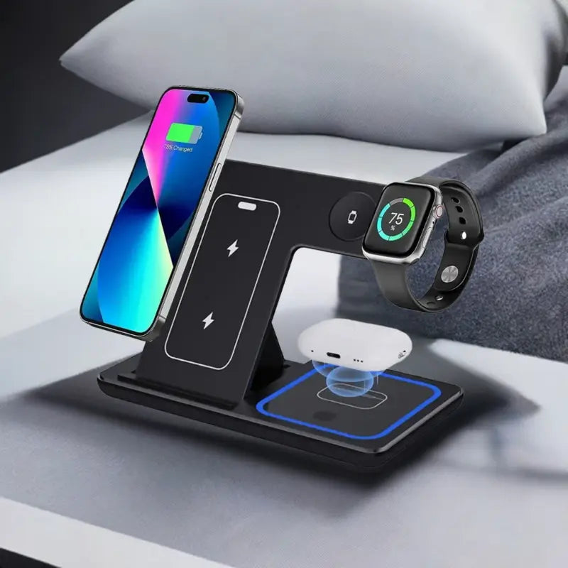 30W fast wireless charging stand for iPhone, Apple Watch, and AirPods – foldable and portable