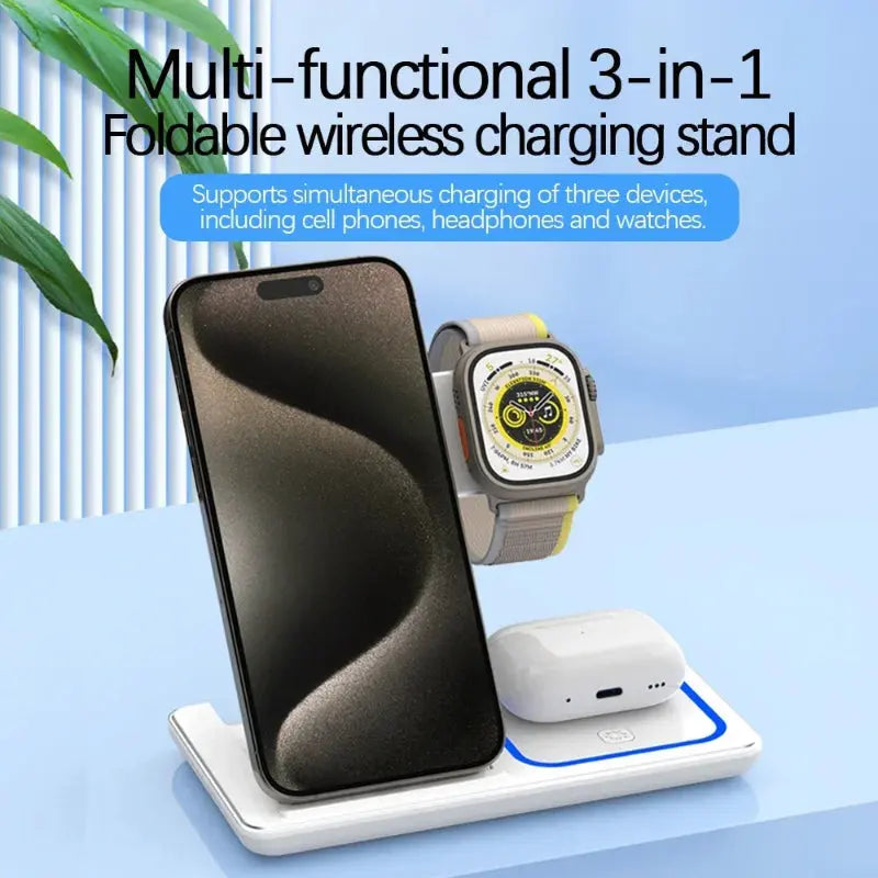 MagSafe-compatible wireless charging station with 3-in-1 functionality for Apple devices