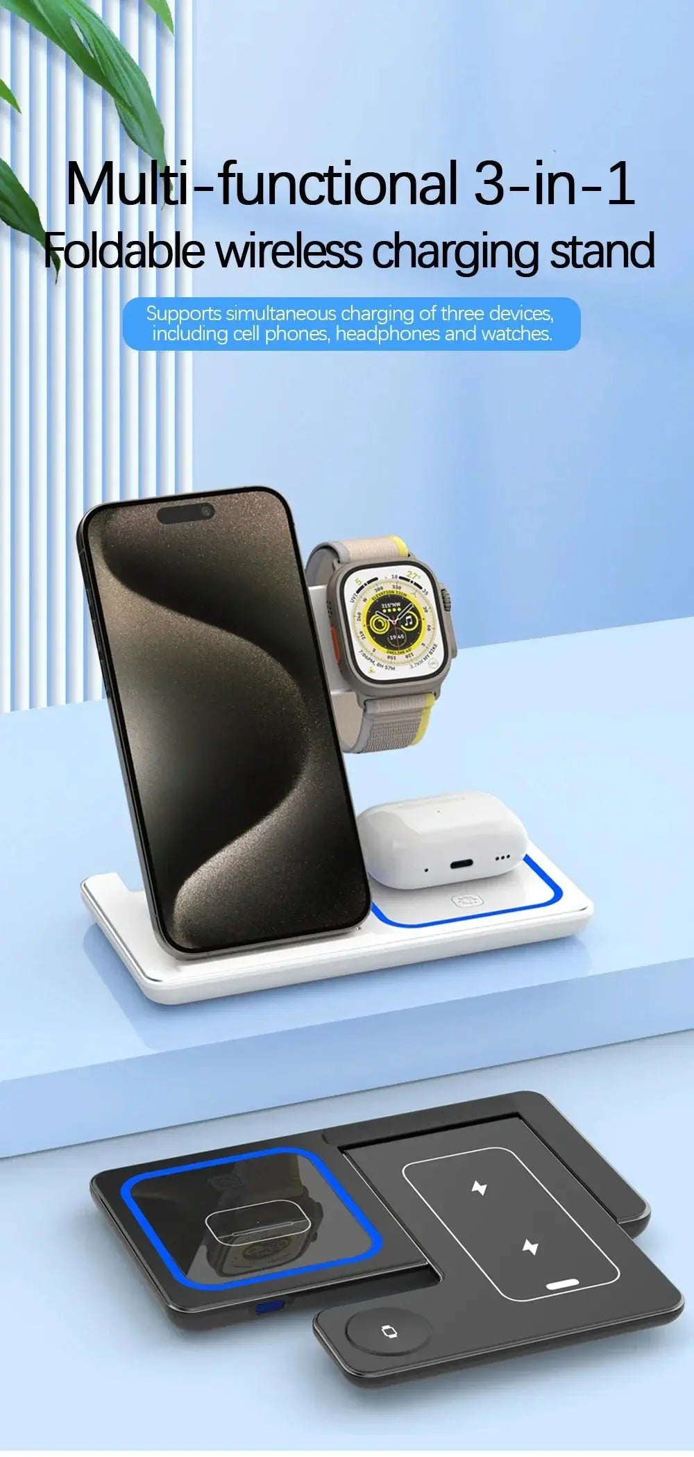 30W 3-in-1 Fast Wireless Charger Stand – Foldable Charging Station for iPhone, Apple Watch & AirPods ClickncarryMart