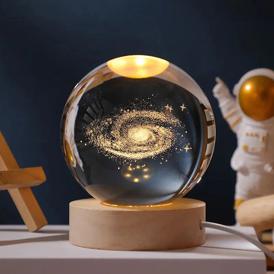 3D Crystal Planet Lamp with LED lighting and a rotating wooden base for home decor and astronomy lovers