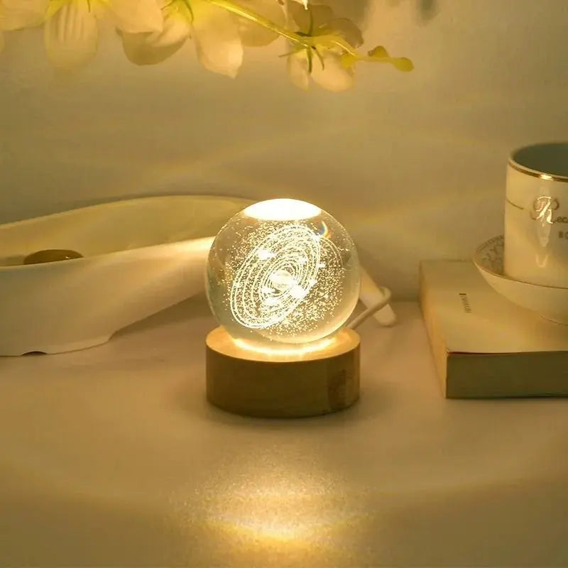 LED engraved solar system night light with detailed planetary design in a crystal sphere