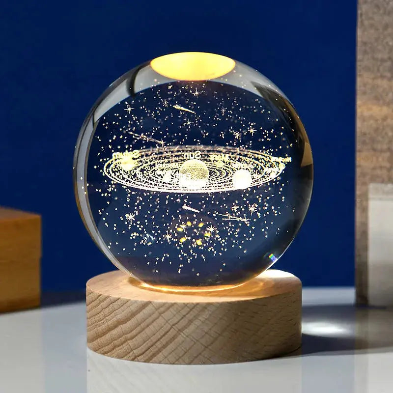 3D Crystal Planet Lamp – LED Engraved Solar System Night Light with Wooden Base ClickncarryMart