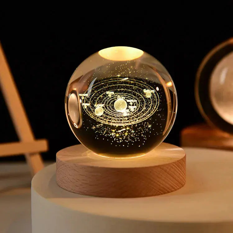 3D Crystal Planet Lamp – LED Engraved Solar System Night Light with Wooden Base ClickncarryMart