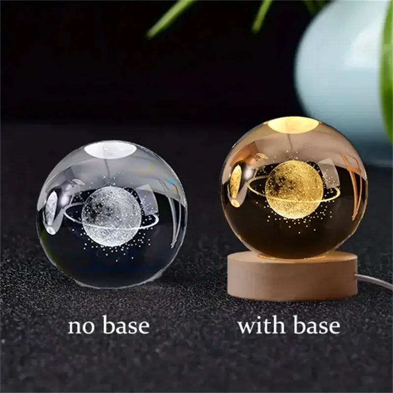 3D Crystal Planet Lamp – LED Engraved Solar System Night Light with Wooden Base ClickncarryMart