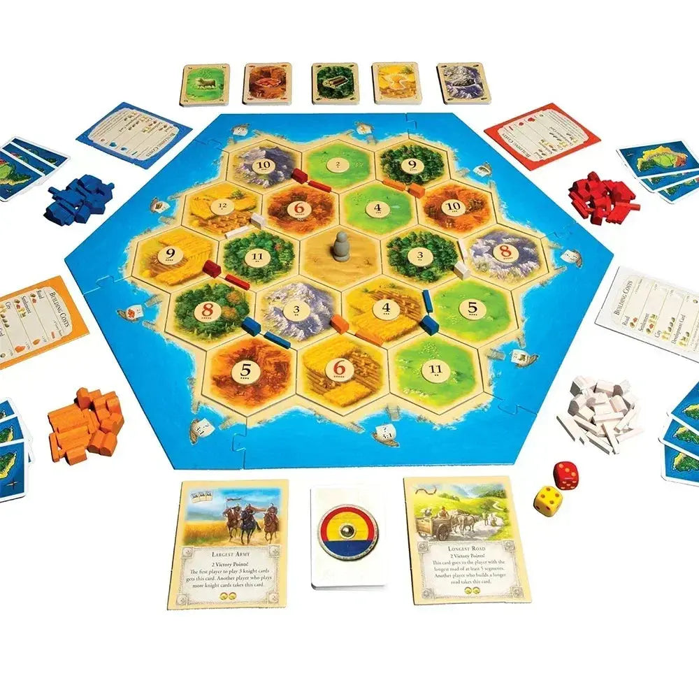 Family and friends playing a fun Catan-inspired strategy board game with competitive trading and expansion