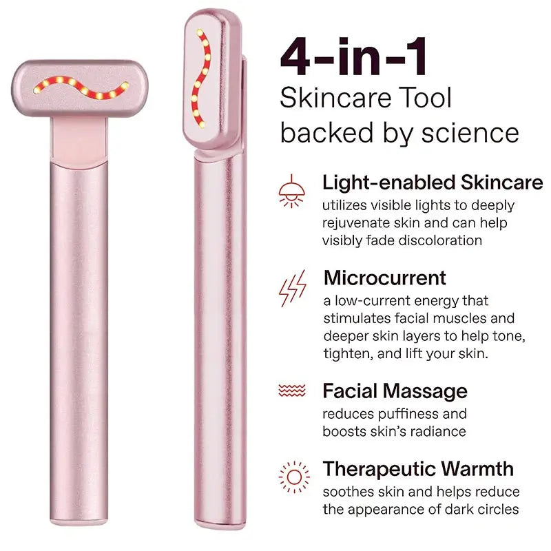 EMS Microcurrent Face Lifting Device with red light therapy for anti-aging, skin tightening & wrinkle reduction shows 4 in 1 skin care modes