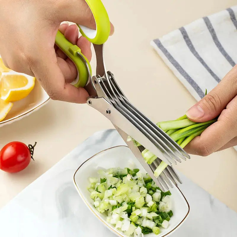 Multi-layer stainless steel kitchen scissors used for chopping herbs, vegetables, and seaweed