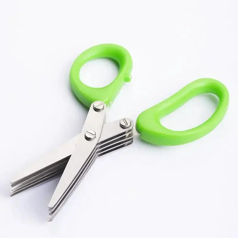 Multi-layer stainless steel kitchen scissors used for chopping herbs, vegetables, and seaweed