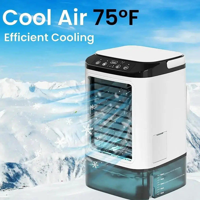 Quiet portable air cooler on a work desk providing refreshing cool air during hot summer days