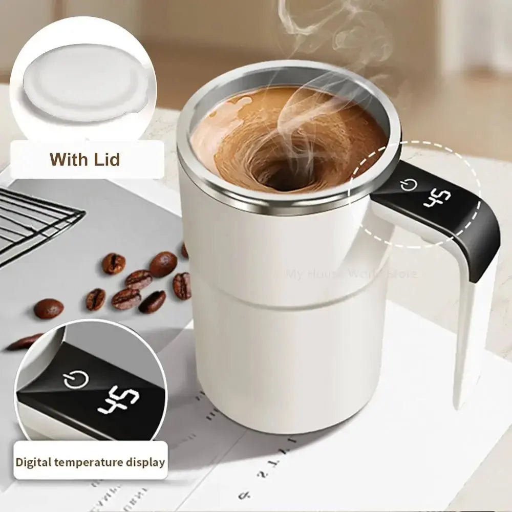 USB-powered self-stirring mug with rechargeable battery for convenient use