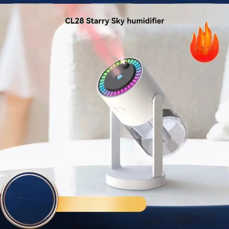 A close-up of the CL28 starry sky humidifier emitting mist with a starry sky projection
